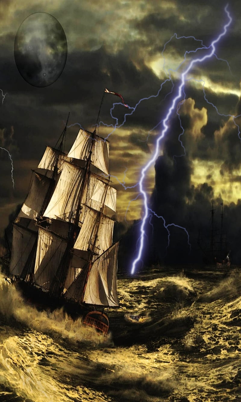 pirate ship, boat, cool, nature, new, ocean, sea, storm, thunder, HD phone wallpaper