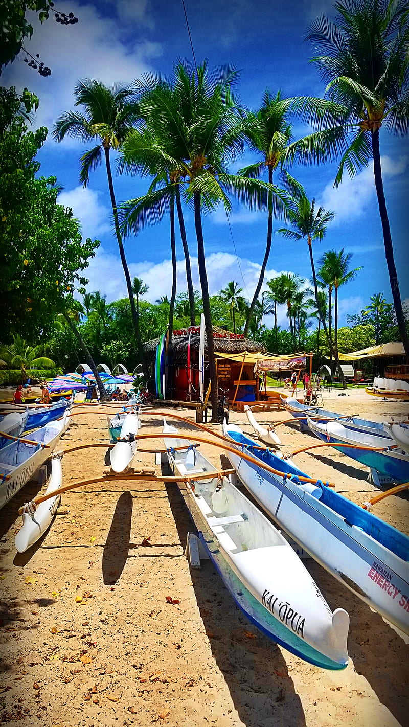 Hawaii Beach, Boat, ElectricJAC, camp, hut, graphy, sand, surf, tent blue, water, HD phone wallpaper