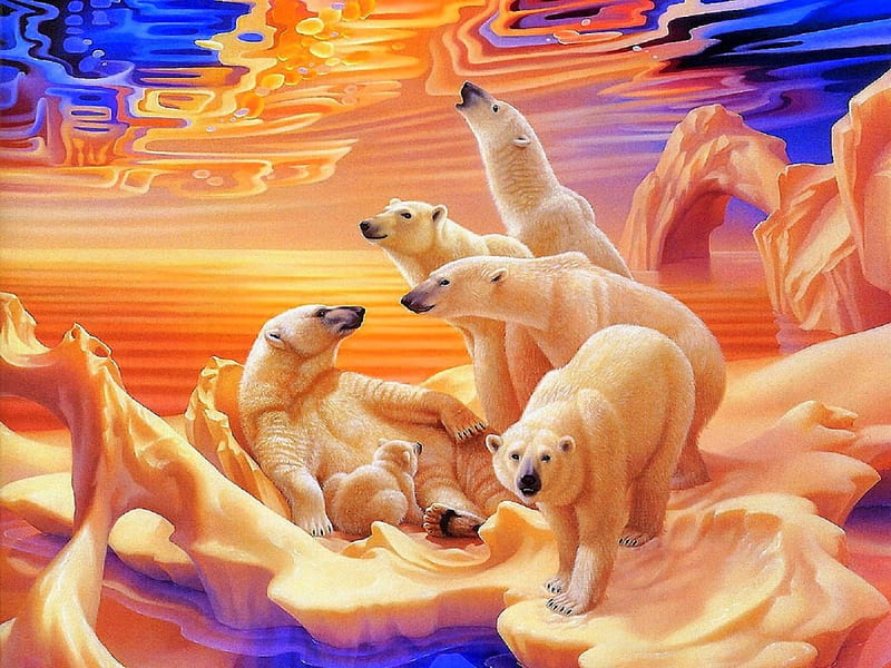 ..Aurora of Polar Bears.., pretty, draw and paint, lovely, polar bears, auorra, colors, love four seasons, bonito, creative pre-made, pole, paintings, ice, bears, animals, HD wallpaper