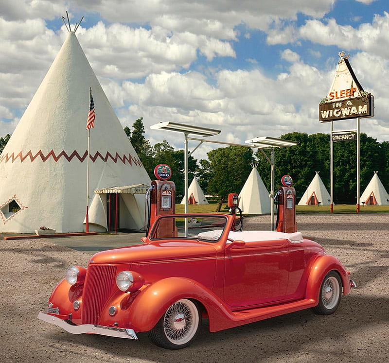 Ford Roadster at an Indian Gas Station, red, ford, pumps, teepee, station, roadster, gas, wigwam, HD wallpaper