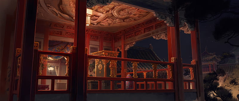 Terrace, temple, palace, night, art, red, world, julien georgel, luminos, fantasy, asian, castle, HD wallpaper