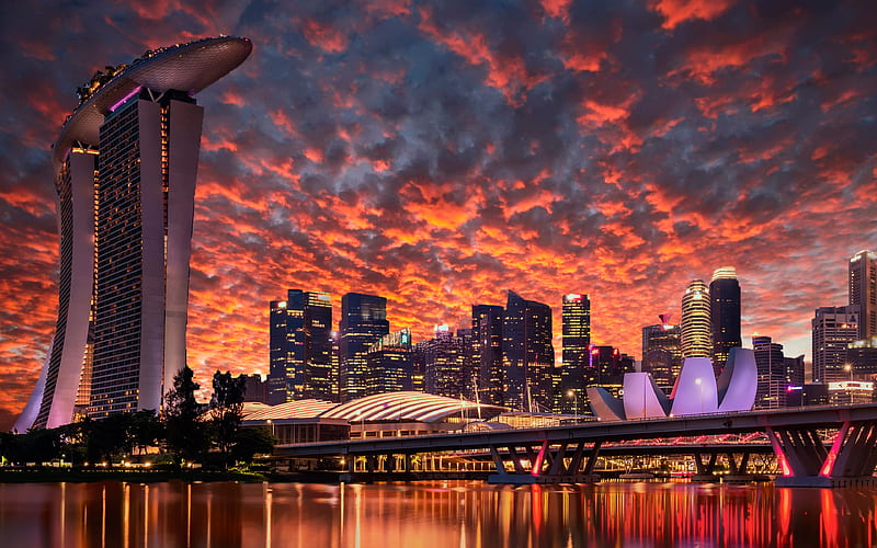 Singapore, sunset, cityscaoes, Marina Bay Sands, skyscrapers, modern buildings, Asia, Singapore , R, HD wallpaper