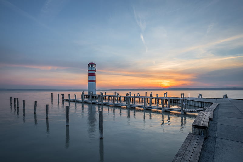 lighthouse, pier, sea, sunset, sky, HD wallpaper