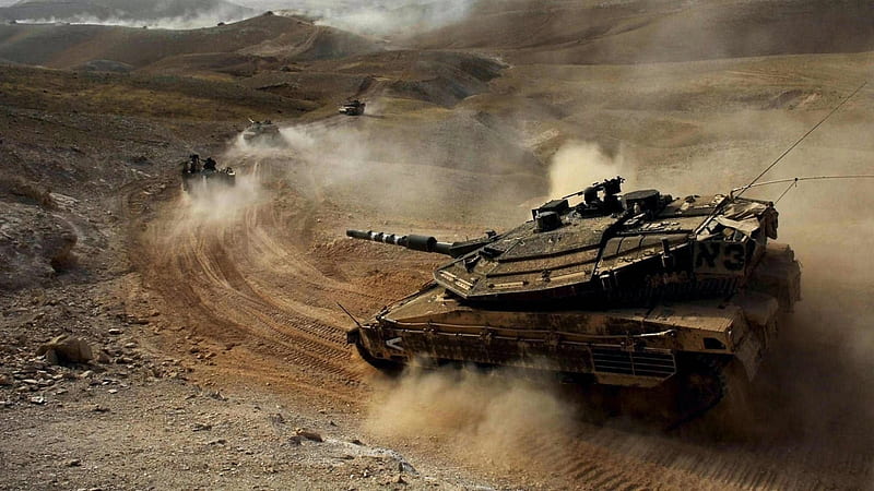 column of israeli merkava tanks in the desert, sand, desert, tanks, military, dust, column, HD wallpaper