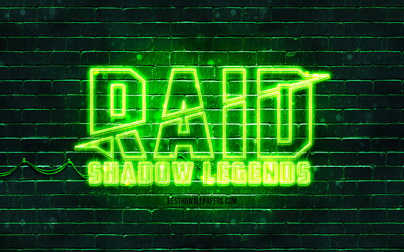 Raid Shadow Legends green logo green brickwall, Raid Shadow Legends logo, 2020 games, Raid Shadow Legends neon logo, Raid Shadow Legends, HD wallpaper