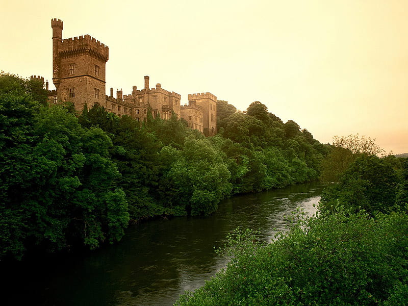 Lismore Castle Ireland, irish, holiday, woods, home, trees, turrets, foliage, building, accommodation, structure, green, river, luxury, HD wallpaper