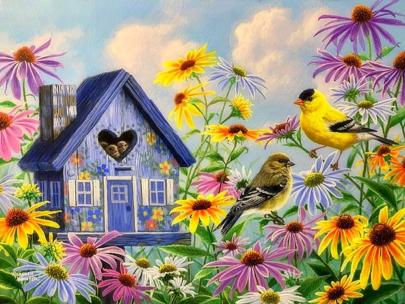 Tweethearts, family, bird house, songbirds, love four seasons, birds, spring, paintings, summer, flowers, garden, nature, animals, HD wallpaper