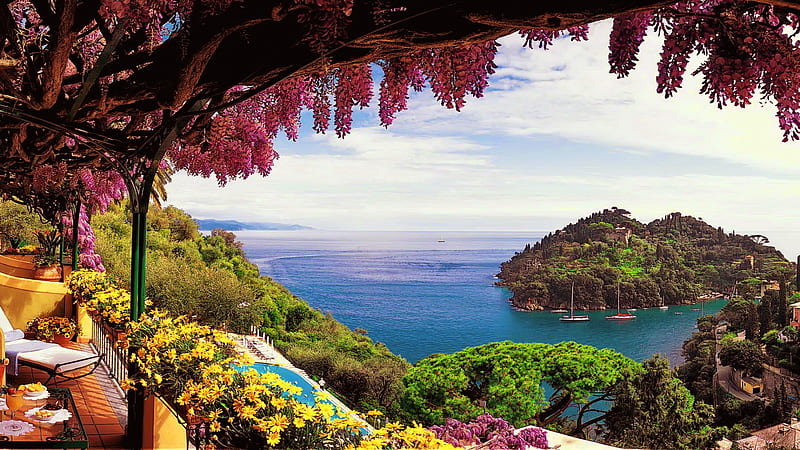 Amalfi Coast, Italy, boat, ship, mountains, balcony, nature, trees, sea ...