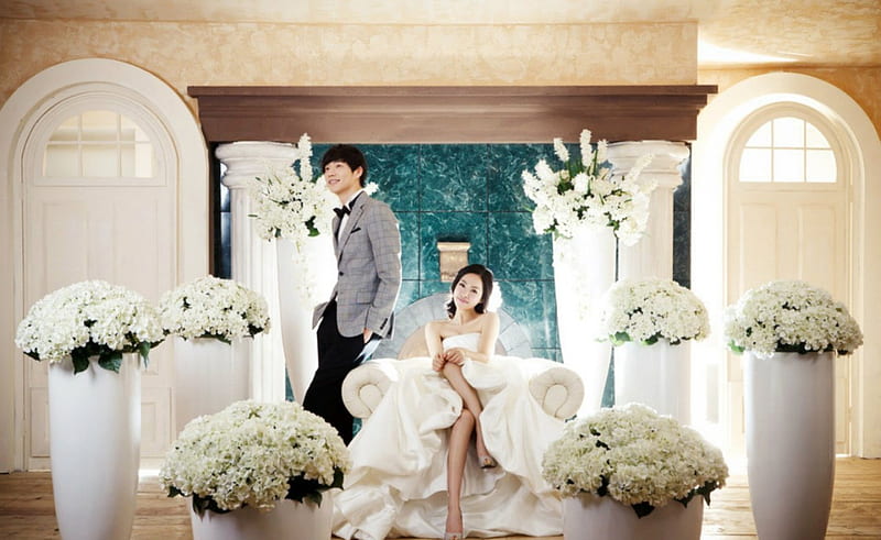 Getting married, groom, bride, flowers, man, wedding, woman, HD wallpaper