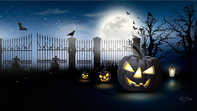 Halloween Graveyard, fence, bats, cemetery, jack o lantern, ravens ...