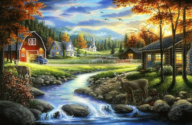 Country Living, villages, rural, love four seasons, farms, attractions in dreams, deer, paintings, churches, landscapes, summer, nature, fields, streams, animals, HD wallpaper