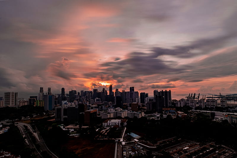 city, evening, sunset, buildings, HD wallpaper