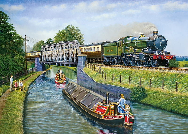 End of an Era, railway, water, bridge, engine, train, canal, barge, steam, HD wallpaper