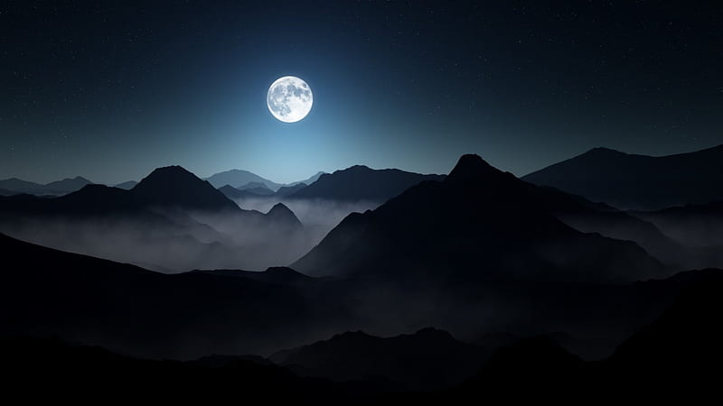 Foggy Mountain at Night, stars, moon, foggy, darkness, mountains, nature, landscape, HD wallpaper