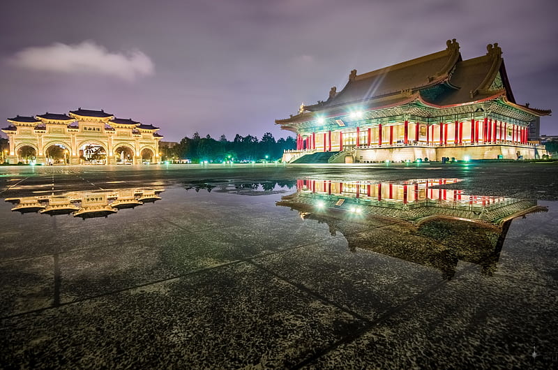 Chiang Kai Shek Memorial, Taiwan, buildings, evening, rain, reflections, lights, HD wallpaper