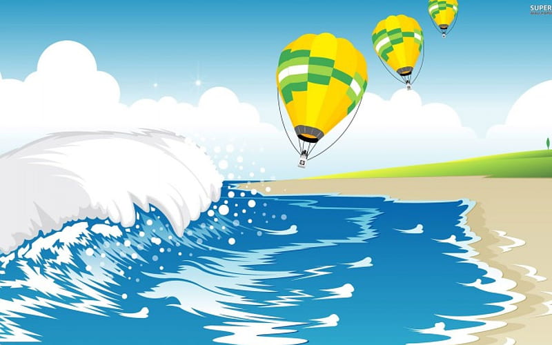 Riding A Hot Air Balloon, colorful, art, ocean, waves, sky, clouds, sea, beach, water, air, flying, balloons, summer, hot, HD wallpaper