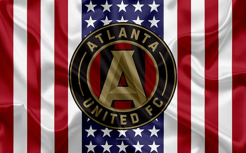Atlanta United FC logo, silk texture, American flag, emblem, football club, MLS, Atlanta, Georgia, USA, Major League Soccer, Eastern conference, HD wallpaper
