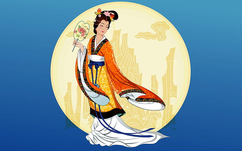 Chinese girl with a fan, red, sun, china, sky, chimono, moon, girl, beauty, chinese, fan, blue, HD wallpaper