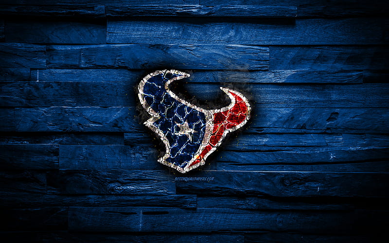 Houston Texans scorched logo, NFL, blue wooden background, american baseball team, American Football Conference, grunge, baseball, Houston Texans logo, fire texture, USA, AFC, HD wallpaper
