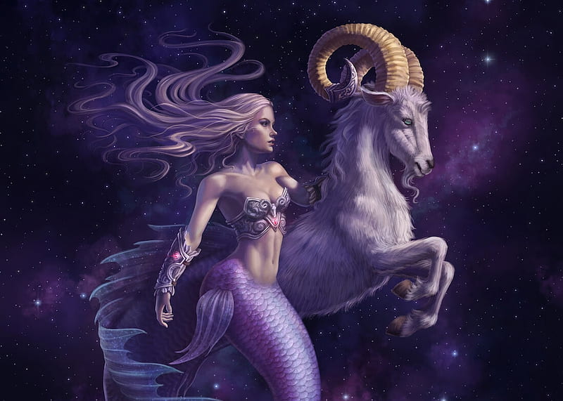 Zodiac ~ Capricorn, frumusete, luminos, mermaid, zodiac, capricorn, yasushi matsuoka, vara, fantasy, girl, purple, summer, siren, pink, HD wallpaper