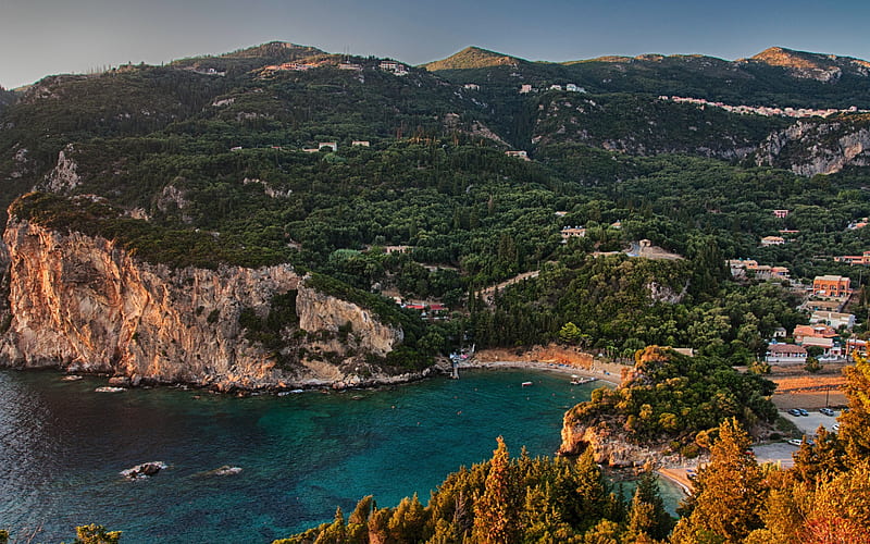 Corfu, greek island, evening, sunset, Ionian Sea, Kerkyra Island, coast, sea, mountain landscape, Paleokastritsa, Greece, HD wallpaper