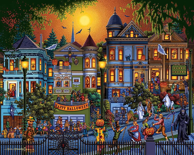 Trick or Treat, halloween, people, houses, town, painting, artwork, pumpkins, HD wallpaper