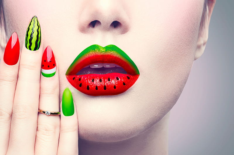 Watermelon style, red, mouth, nails, woman, lips, green, watermelon, makeup, stuff, HD wallpaper