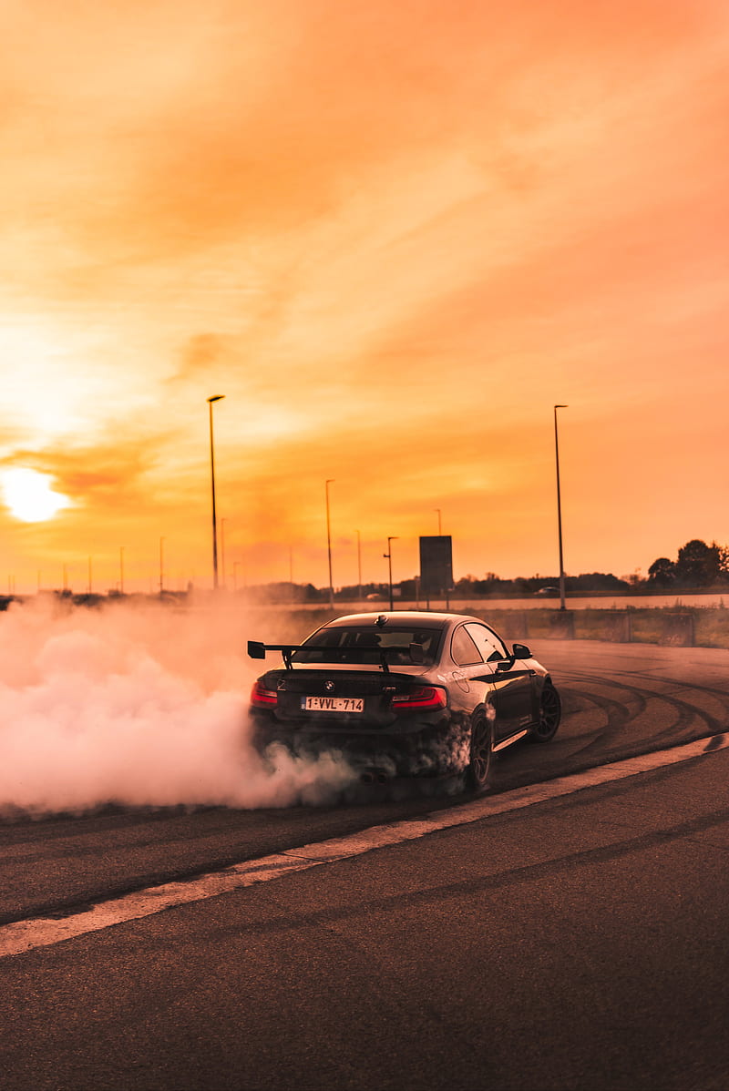 bmw, speed, drift, smoke, sunset, HD phone wallpaper