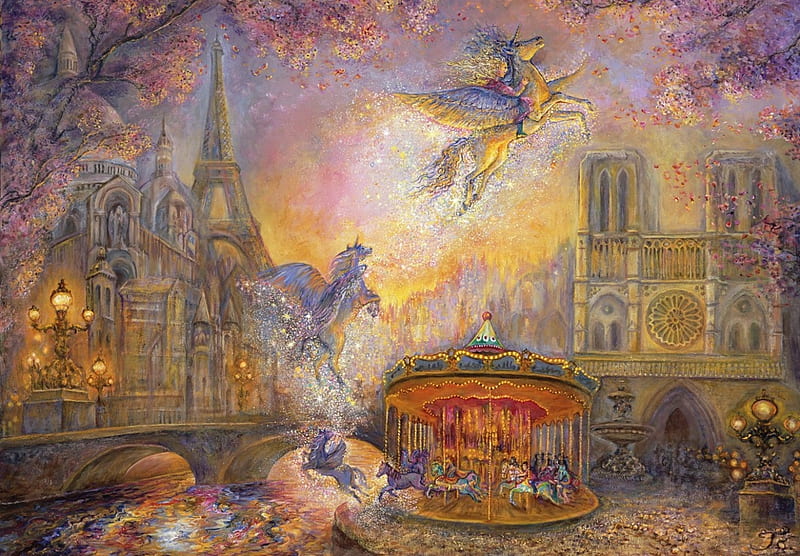 Magical Merry-Go-Round, eiffel tower, painting, paris, notre dame, artwork, HD wallpaper