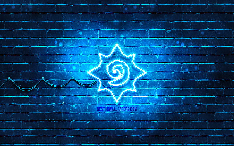 Hearthstone blue logo blue brickwall, Hearthstone logo, 2020 games, Hearthstone neon logo, Hearthstone, HD wallpaper