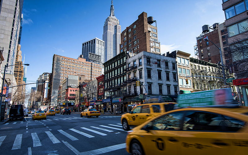 New York, yellow taxi, street, New York City, Manhattan, american cities, America, USA, HD wallpaper