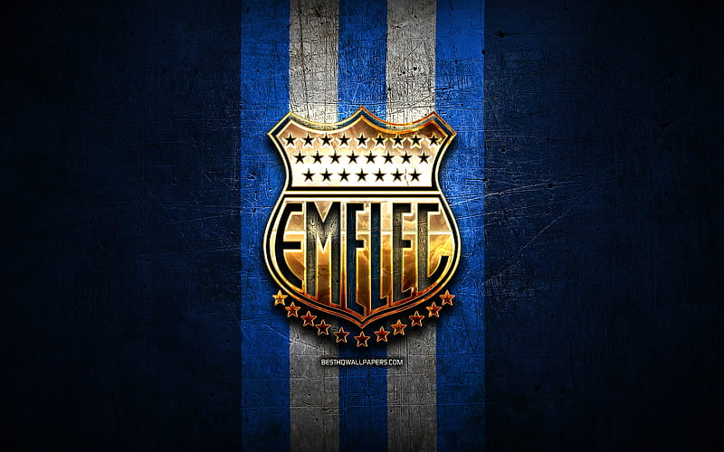 Emelec FC, golden logo, Ecuadorian Serie A, blue metal background, football, CS Emelec, Ecuadorian football club, Emelec logo, soccer, Ecuador, HD wallpaper