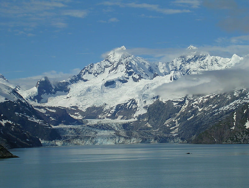 Glacier in Alaska, glacier, alaska, sky, clouds, lake, winter, cold, mountain, water, snow, nature, blue, HD wallpaper