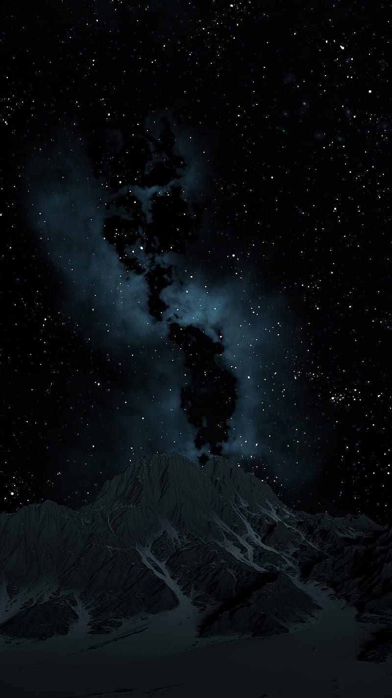 MountainView, Bertil, animation, black, blue, cosmos, dark, green, hills, midnight, milky, milkyway, mountain, natural, nature, night, nighttime, oled, skies, snow, space, stars, universe, way, HD phone wallpaper