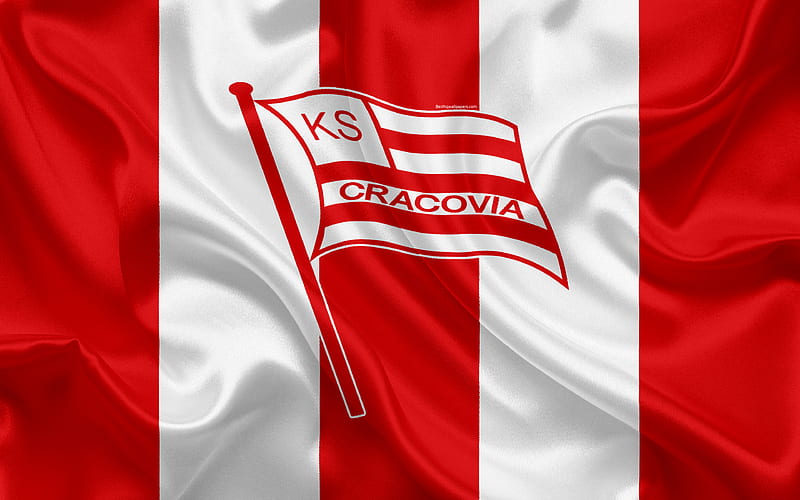 Cracovia FC Polish football club, logo, emblem, Ekstraklasa, Polish football championship, silk flag, Krakow, Poland, HD wallpaper