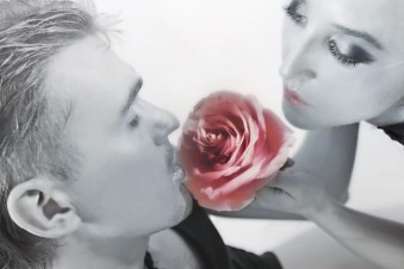 Man & Woman, pink rose, romantic moment, man, woman, couple, two colors, HD wallpaper