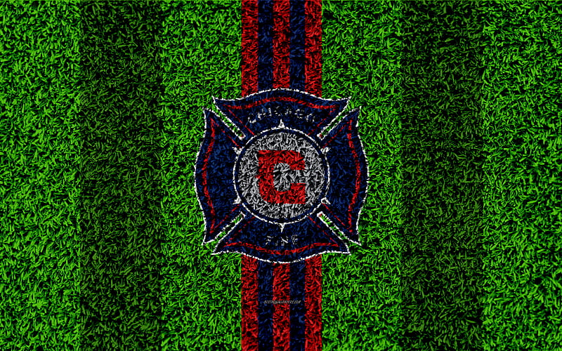 Chicago Fire FC MLS, football lawn, logo, american soccer club, red blue lines, grass texture, Chicago, USA, Major League Soccer, football, HD wallpaper