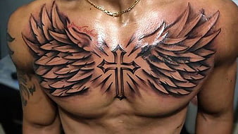Sexy Large Chest Tattoo With Wings Stars  Fire
