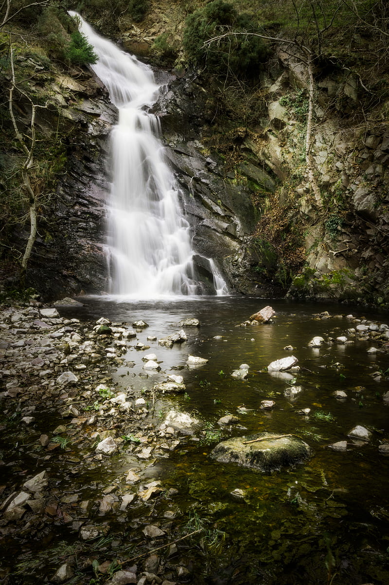 waterfall, stones, stream, cliff, HD phone wallpaper