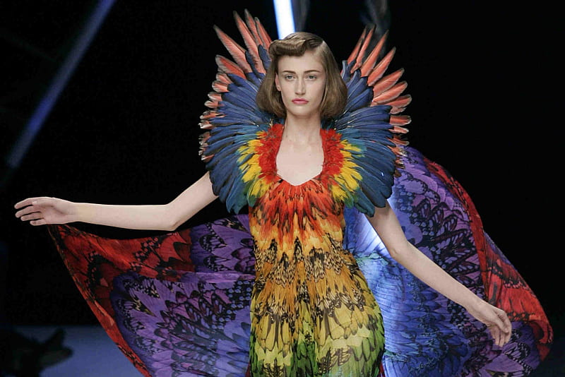 Rainbow-Coloured Dress by Alexander McQueen, haute couture, colours, designer, rainbow, alexander mcqueen, HD wallpaper