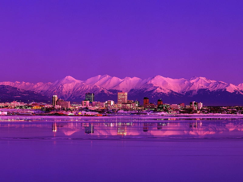 Anchorage Skyline Evening Alaska, mountain, water, purple, skyline, HD wallpaper