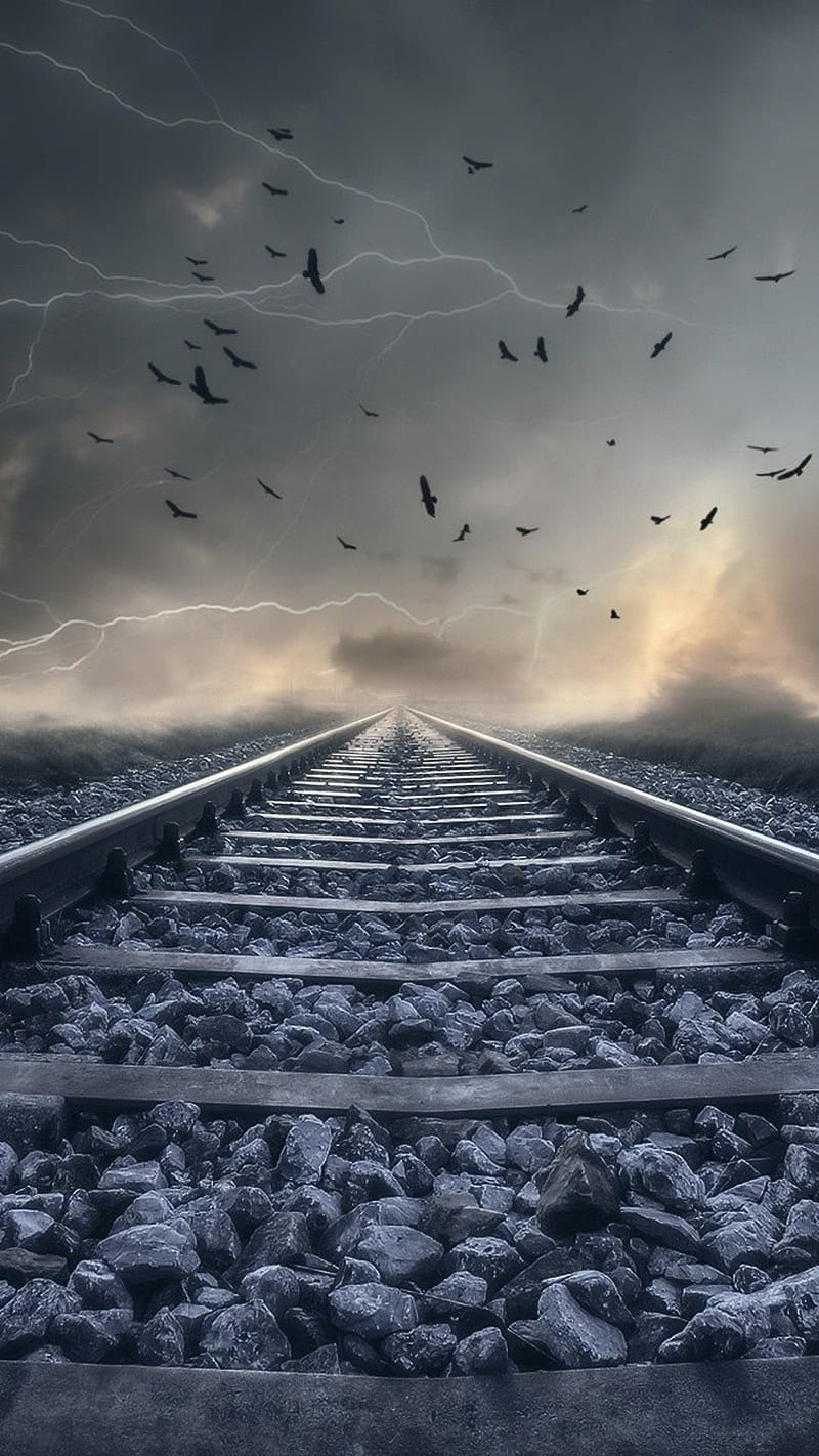 Train road, birds, lightning, nature, stones, storms, HD phone wallpaper |  Peakpx