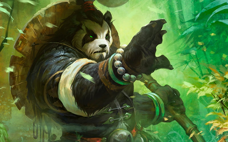 Panda warrior, world, luminos, bear, game, black, hat, panda, fantasy, warrior, green, of warcraft, wow, HD wallpaper