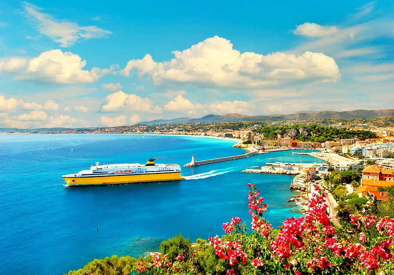 View of mediterranean resort Nice, French riviera, mediterraneo, resort, rest, vacation, yacht, view, bonito, sky, french riviera, sea, beach, paradise, summer, coast, HD wallpaper