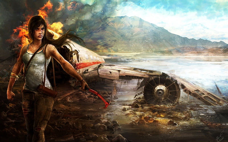 Lara Croft, games, female, brown hair, video games, tomb raider, singlet, plane, water, girl, HD wallpaper