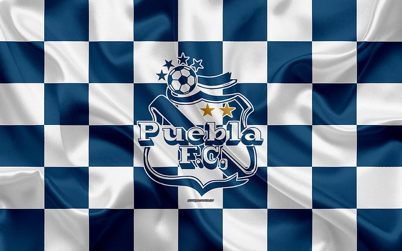 Club Puebla logo, creative art, blue white checkered flag, Mexican Football club, Primera Division, Liga MX, emblem, silk texture, Puebla de Zaragoza, Mexico, football, Puebla FC, HD wallpaper