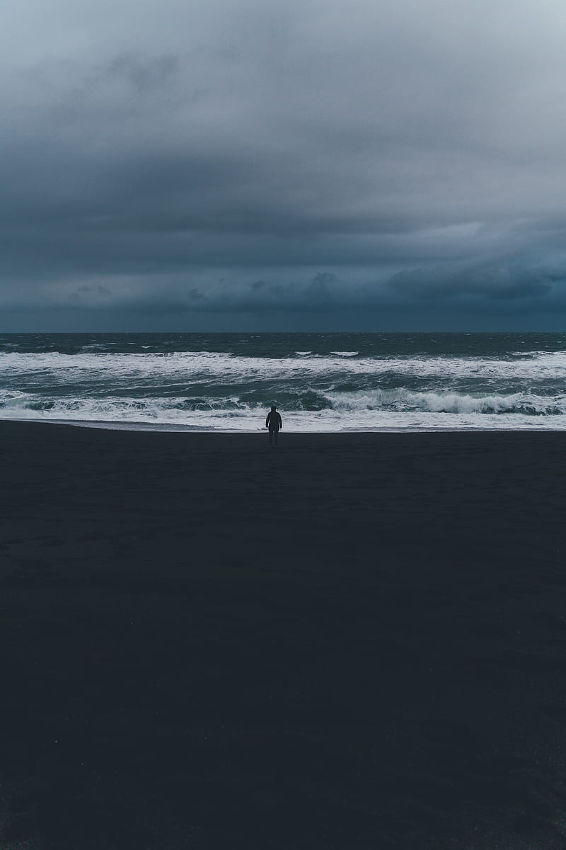 silhouette, sea, storm, cloudy, waves, loneliness, lonely, HD phone wallpaper