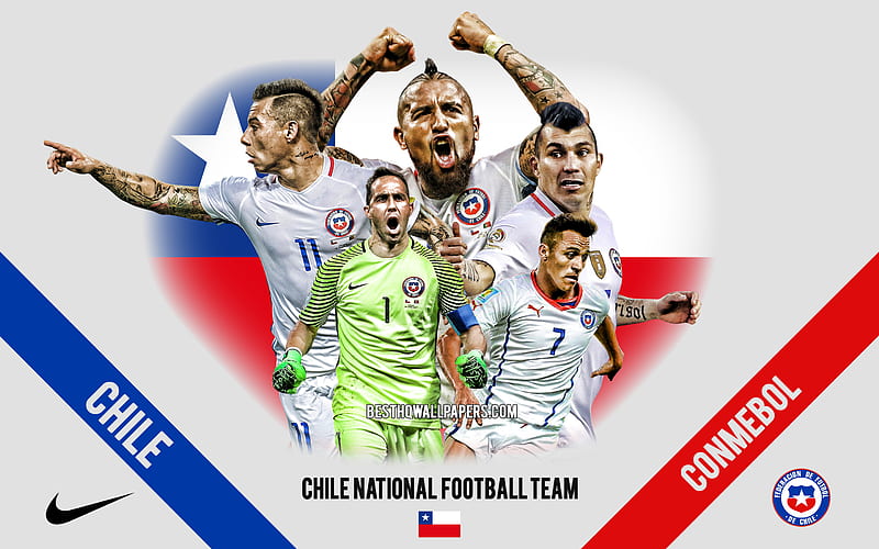 Chile national football team, team leaders, CONMEBOL, Chile, South America, football, logo, emblem, Alexis Sanchеz, Arturo Vidal, Gary Medel, HD wallpaper