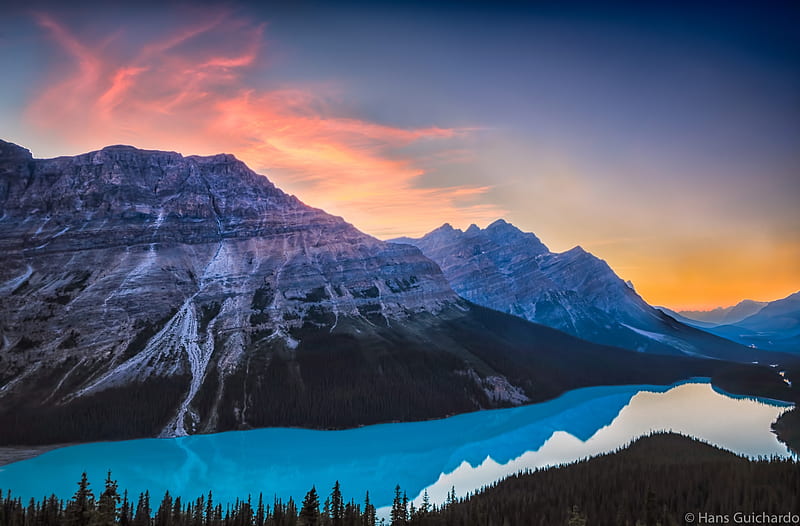 Peyto Lake, Banff National Park, alberta, mountains, colors, sunset, sky, canada, HD wallpaper