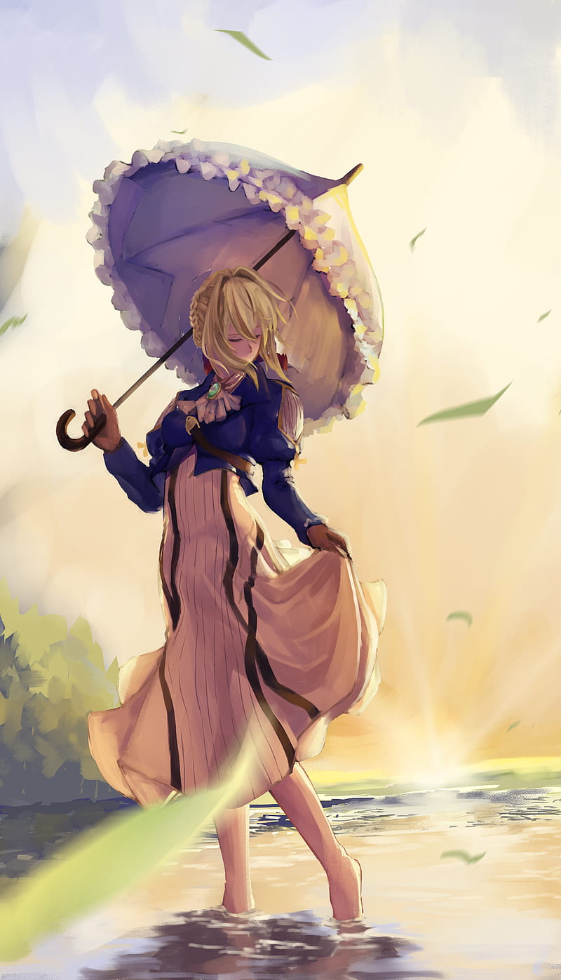 violet evergarden, umbrella, dress, blonde, Anime, HD phone wallpaper